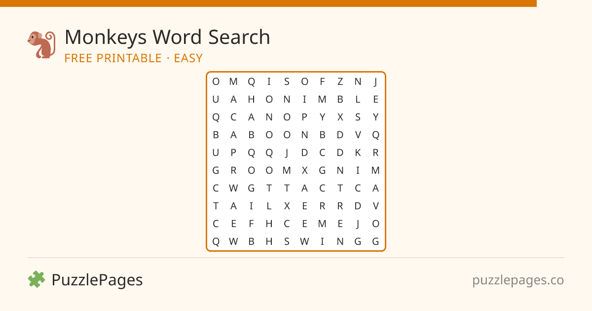 Monkeys Easy printable word search preview — free to print from PuzzlePages