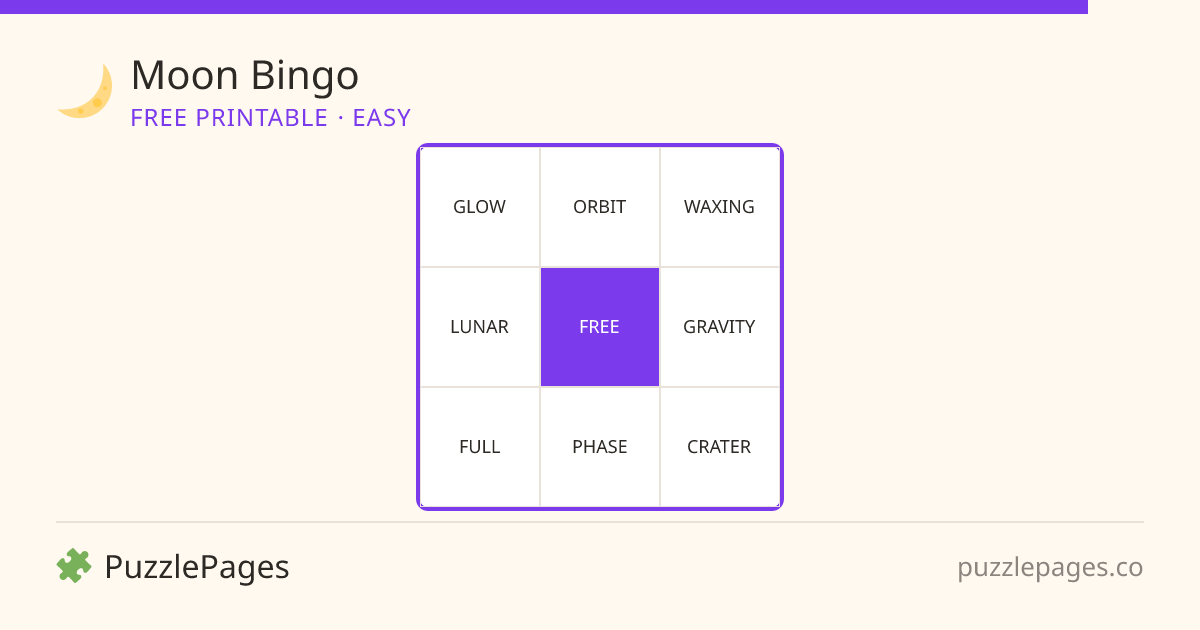 Moon Easy printable bingo preview — free to print from PuzzlePages