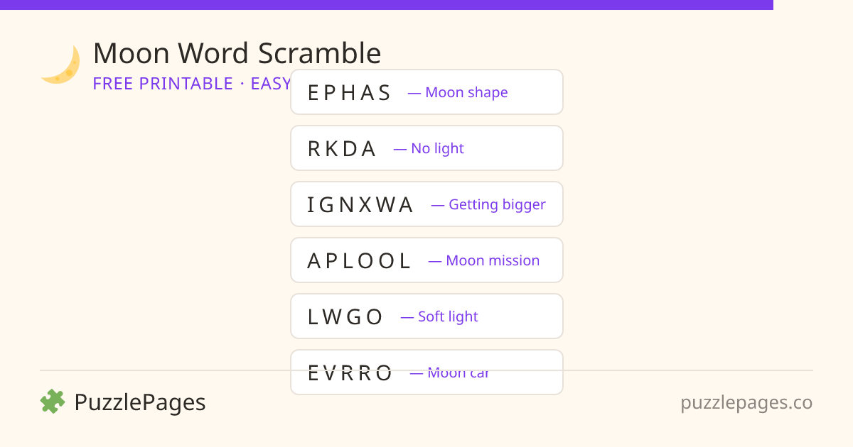 Moon Easy printable word scramble preview — free to print from PuzzlePages