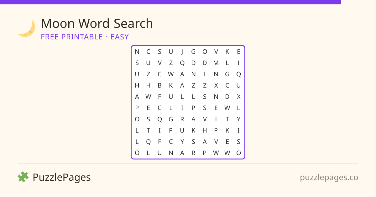 Moon Easy printable word search preview — free to print from PuzzlePages