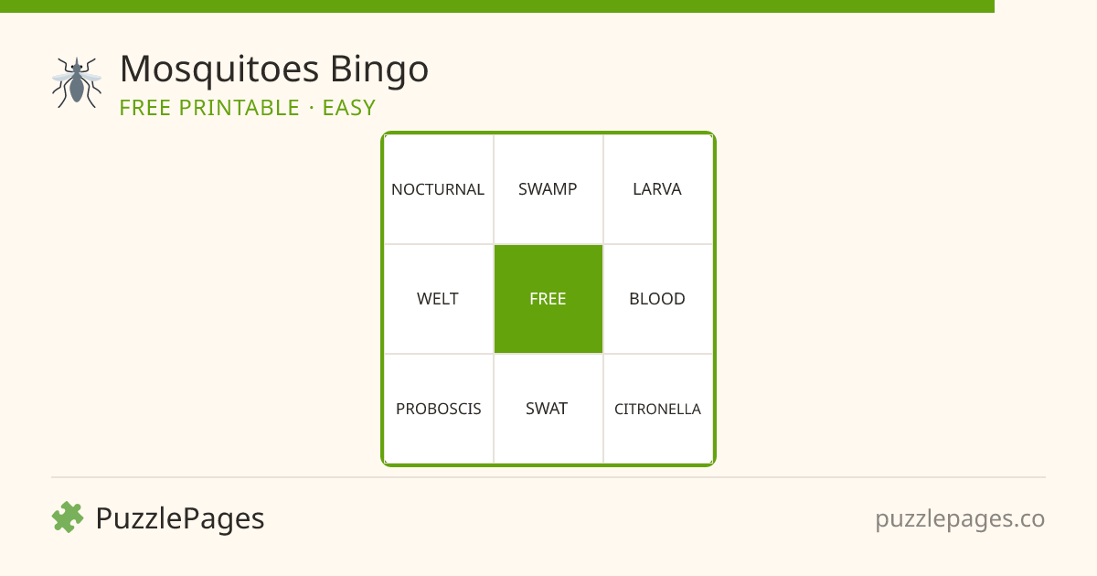 Mosquitoes Easy printable bingo preview — free to print from PuzzlePages