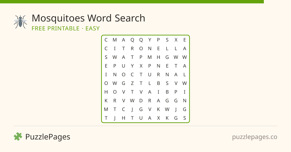 Mosquitoes Easy printable word search preview — free to print from PuzzlePages