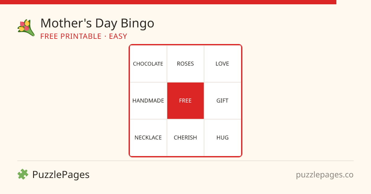 Mother's Day Easy printable bingo preview — free to print from PuzzlePages