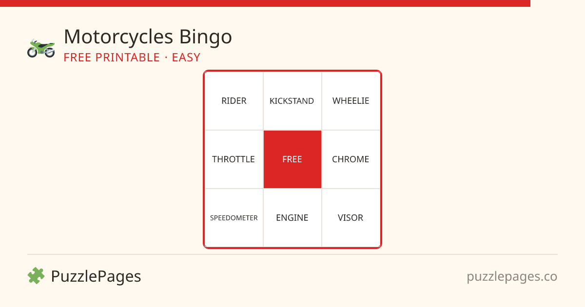 Motorcycles Easy printable bingo preview — free to print from PuzzlePages