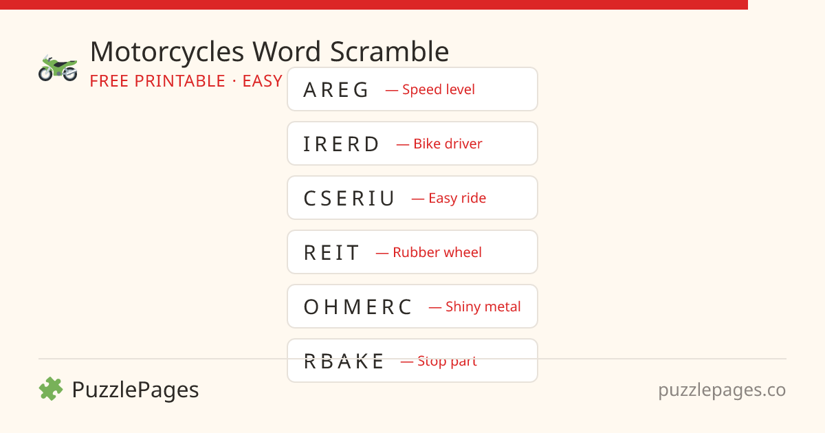 Motorcycles Easy printable word scramble preview — free to print from PuzzlePages