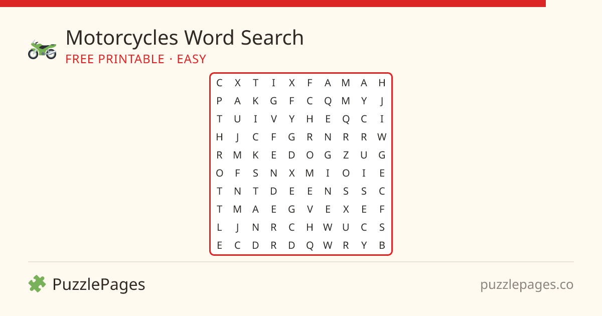 Motorcycles Easy printable word search preview — free to print from PuzzlePages