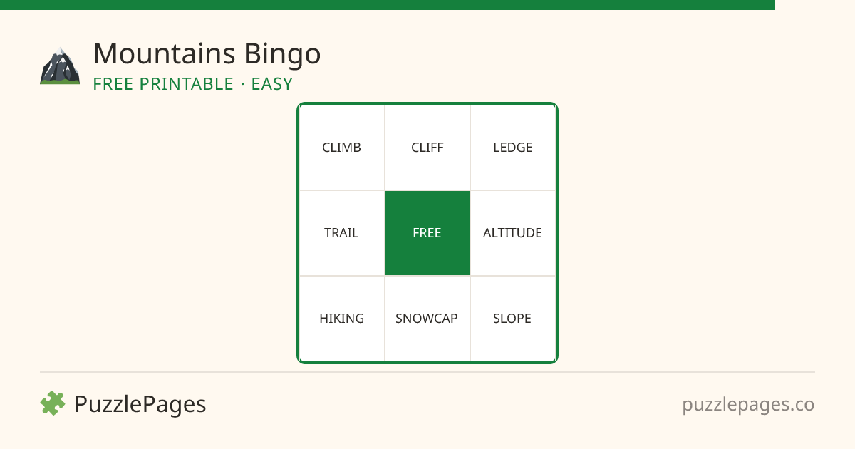 Mountains Easy printable bingo preview — free to print from PuzzlePages