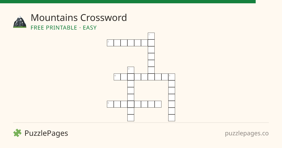 Mountains Easy printable crossword preview — free to print from PuzzlePages