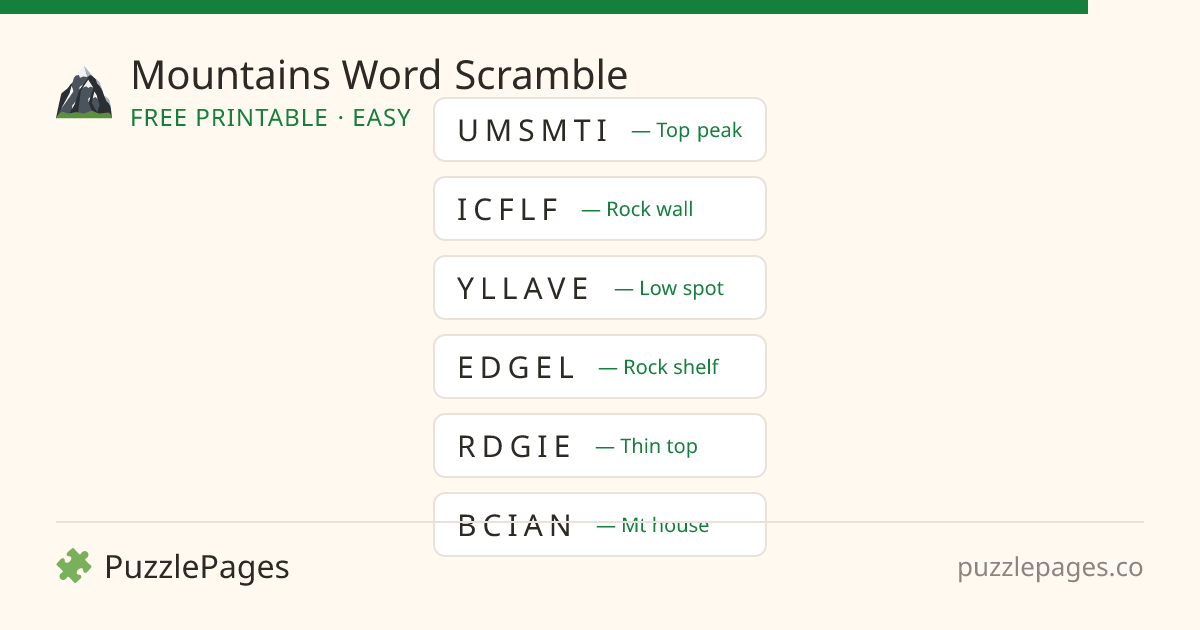 Mountains Easy printable word scramble preview — free to print from PuzzlePages