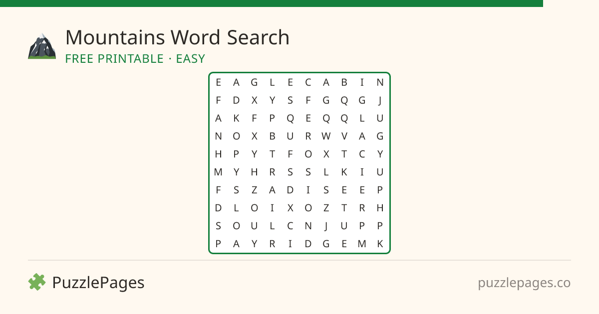 Mountains Easy printable word search preview — free to print from PuzzlePages