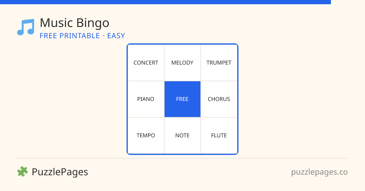 Music Easy printable bingo preview — free to print from PuzzlePages