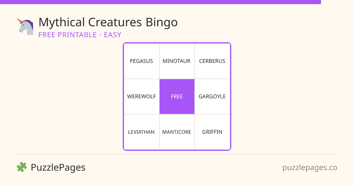 Mythical Creatures Easy printable bingo preview — free to print from PuzzlePages