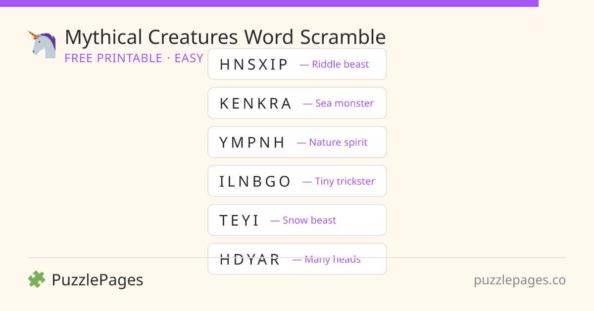 Mythical Creatures Easy printable word scramble preview — free to print from PuzzlePages