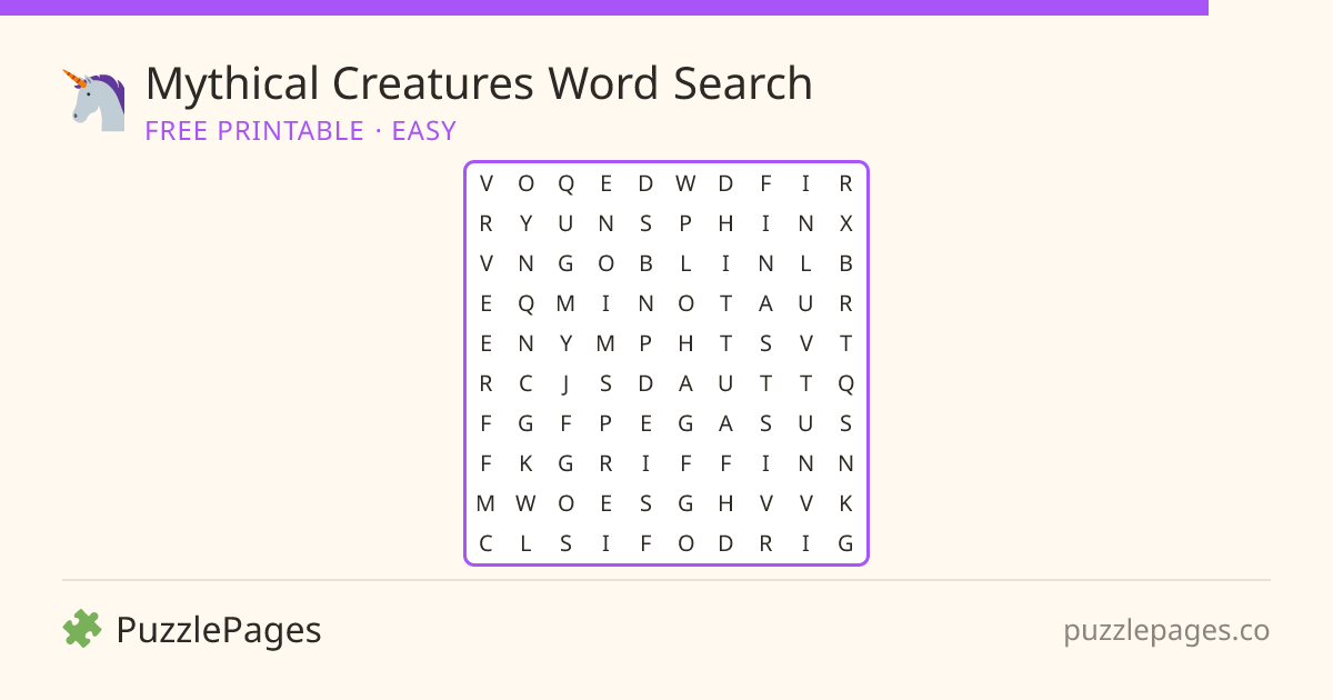 Mythical Creatures Easy printable word search preview — free to print from PuzzlePages