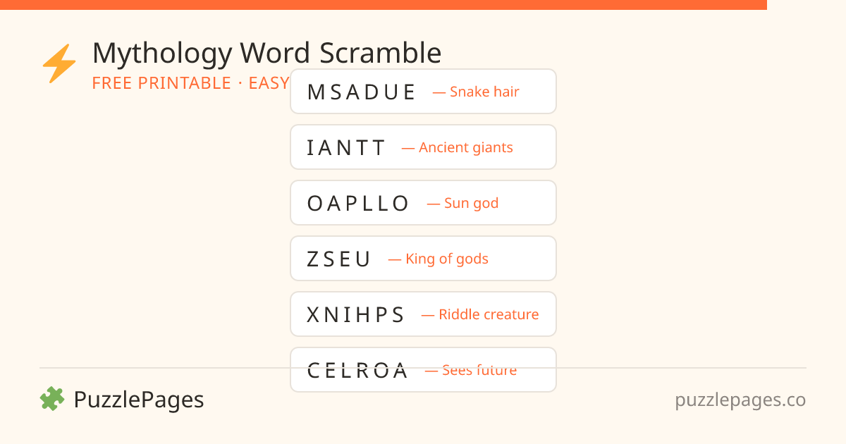 Mythology Easy printable word scramble preview — free to print from PuzzlePages