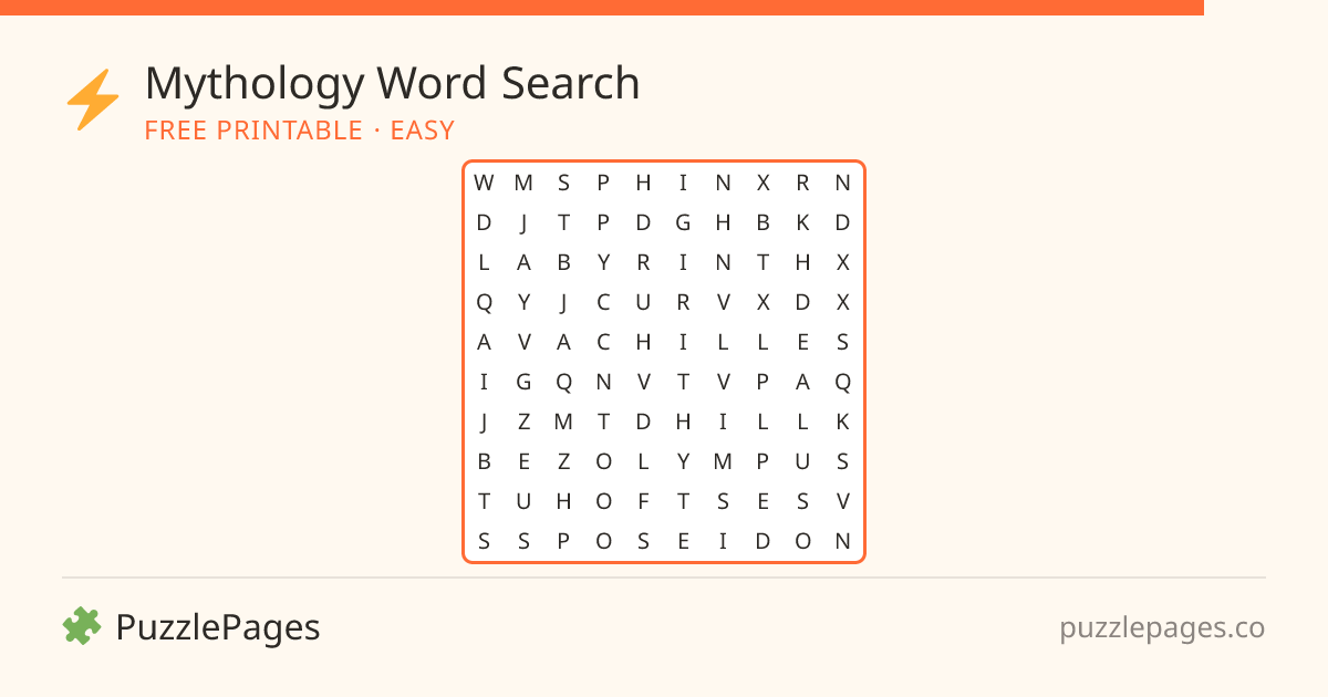 Mythology Easy printable word search preview — free to print from PuzzlePages