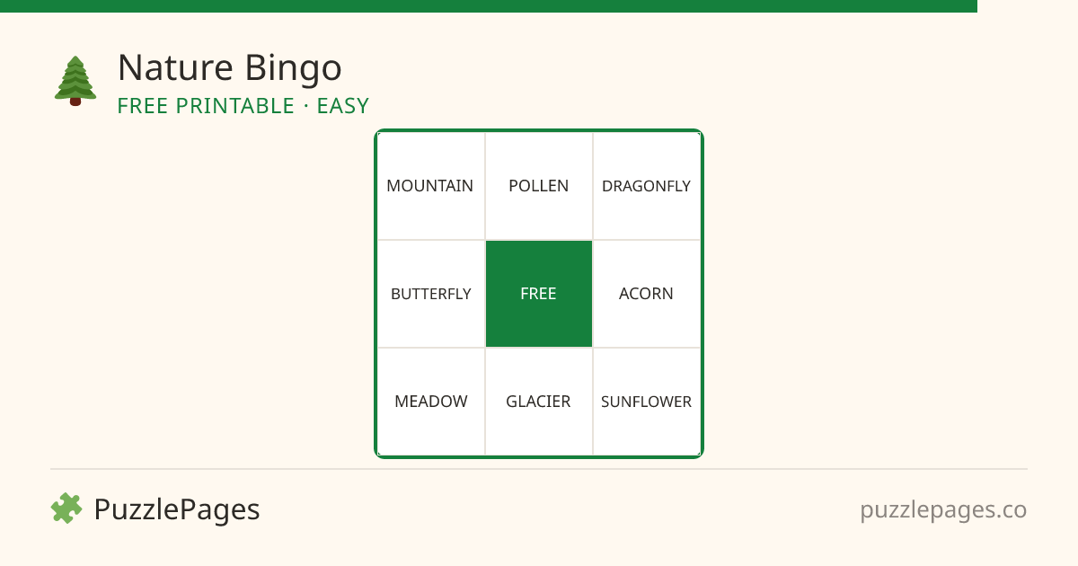 Nature Easy printable bingo preview — free to print from PuzzlePages