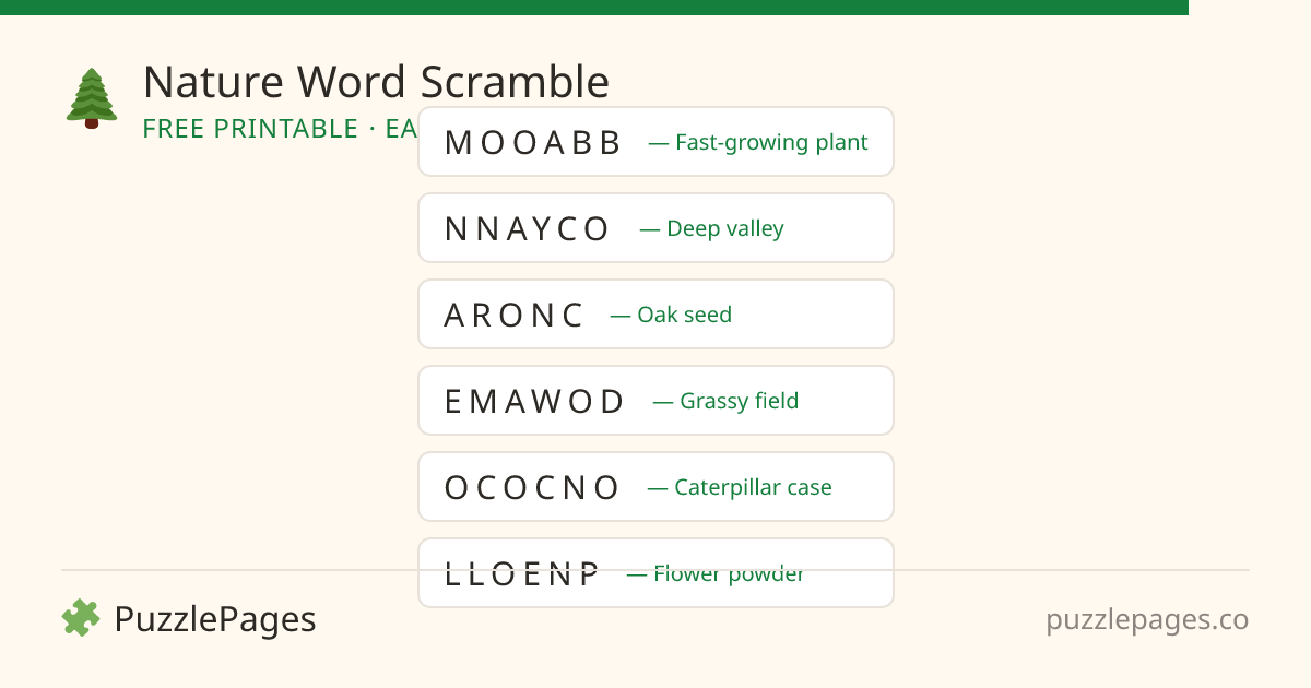 Nature Easy printable word scramble preview — free to print from PuzzlePages