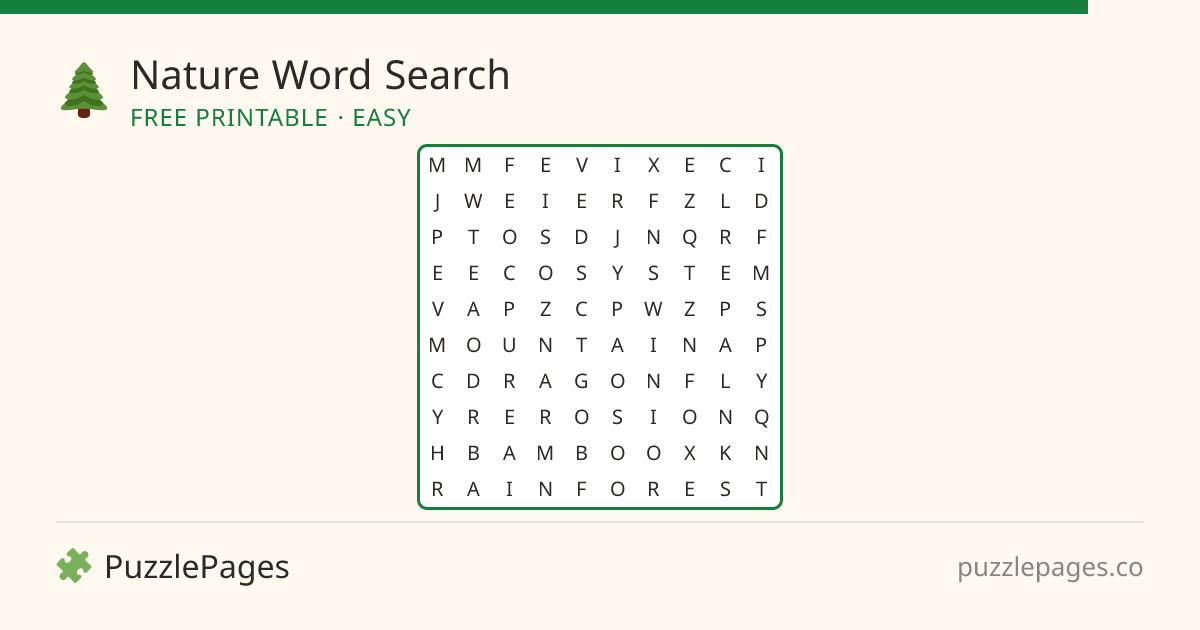 Nature Easy printable word search preview — free to print from PuzzlePages