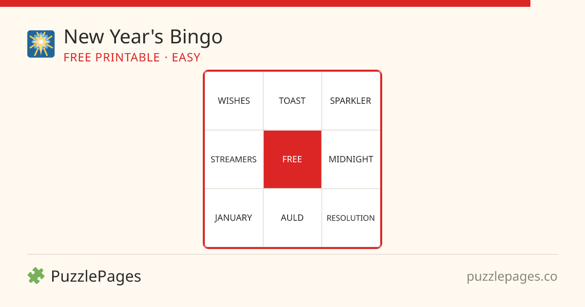 New Year's Easy printable bingo preview — free to print from PuzzlePages