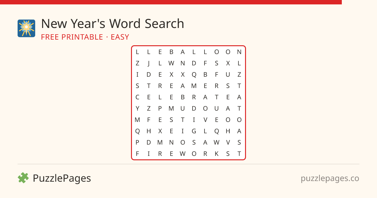 New Year's Easy printable word search preview — free to print from PuzzlePages