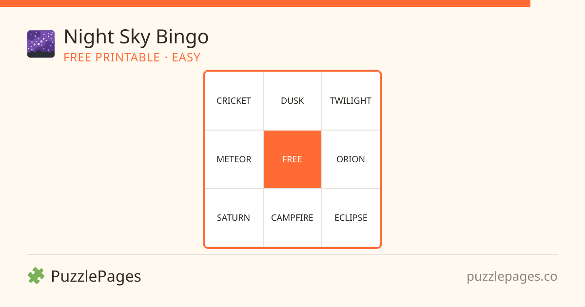 Night Sky Easy printable bingo preview — free to print from PuzzlePages