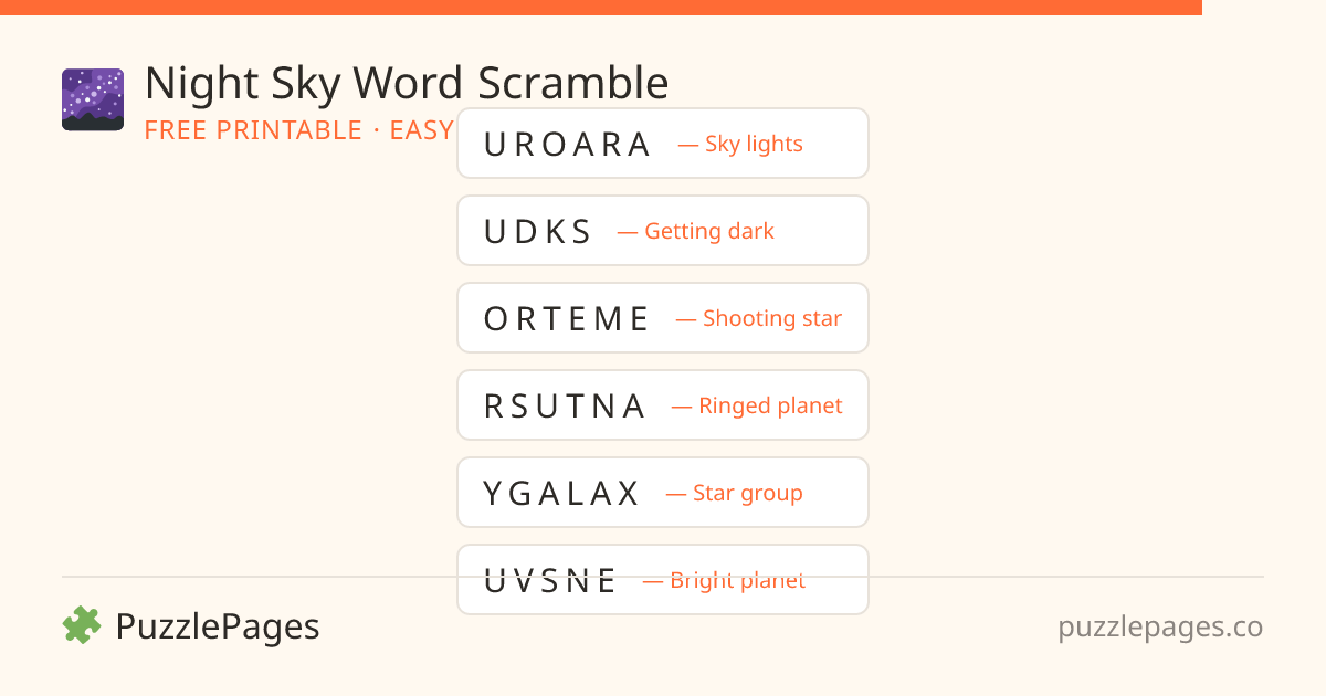 Night Sky Easy printable word scramble preview — free to print from PuzzlePages