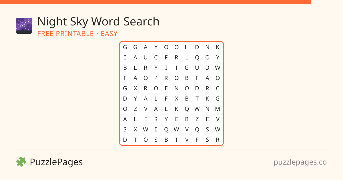Night Sky Easy printable word search preview — free to print from PuzzlePages