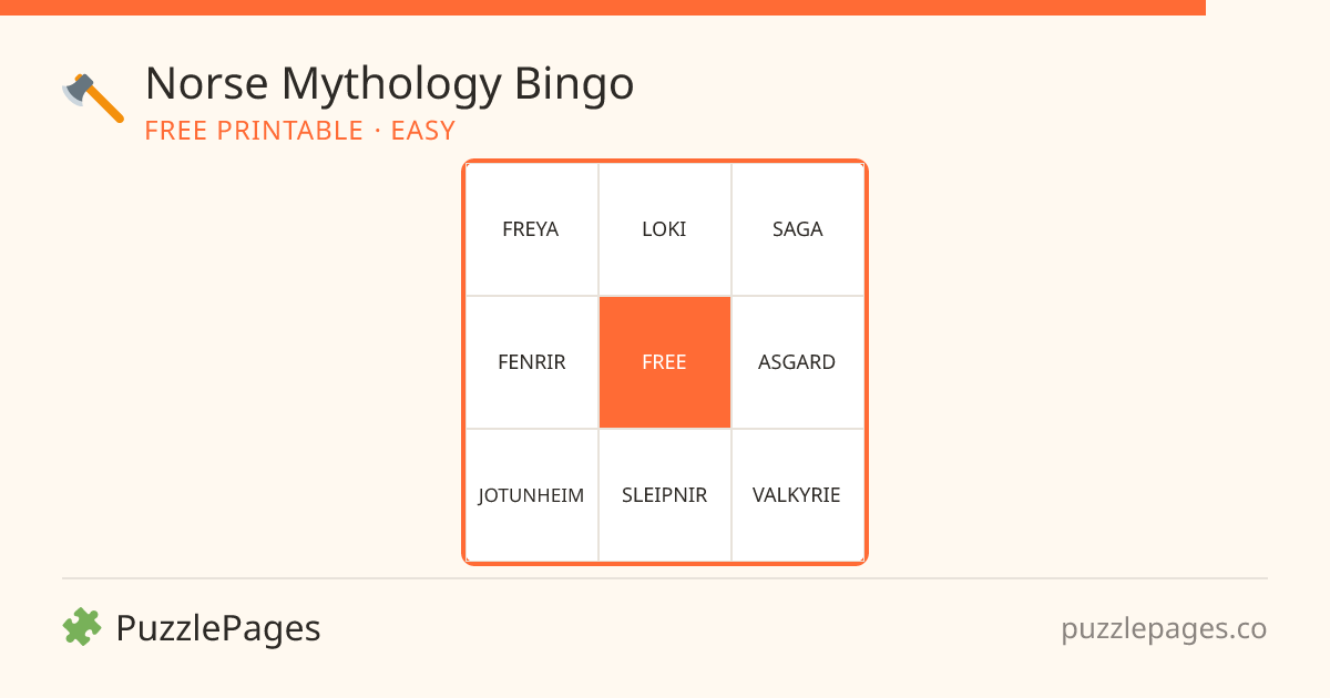 Norse Mythology Easy printable bingo preview — free to print from PuzzlePages