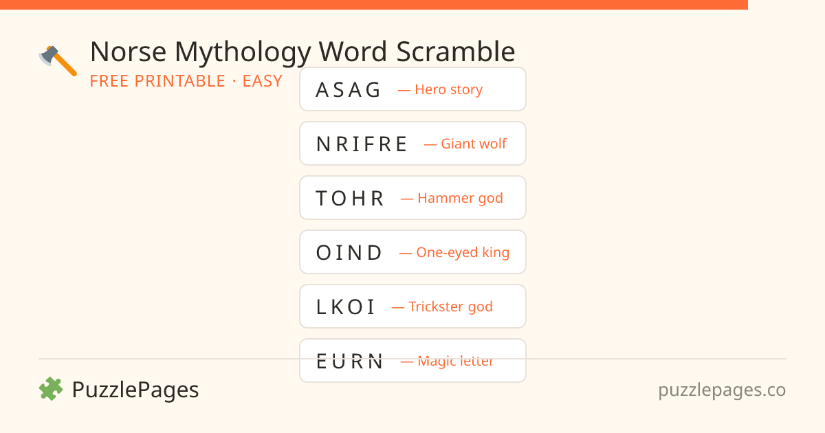 Norse Mythology Easy printable word scramble preview — free to print from PuzzlePages