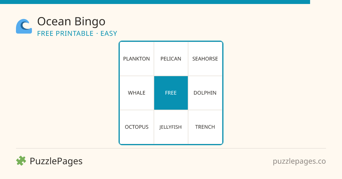 Ocean Easy printable bingo preview — free to print from PuzzlePages
