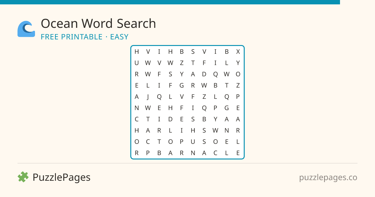 Ocean Easy printable word search preview — free to print from PuzzlePages