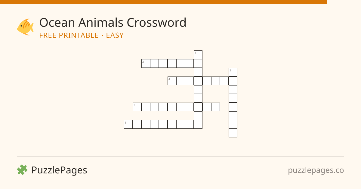 Ocean Animals Easy printable crossword preview — free to print from PuzzlePages