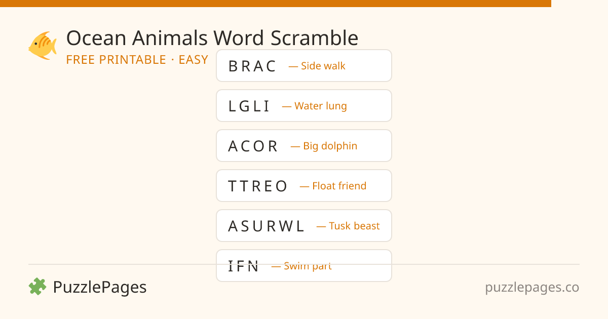Ocean Animals Easy printable word scramble preview — free to print from PuzzlePages