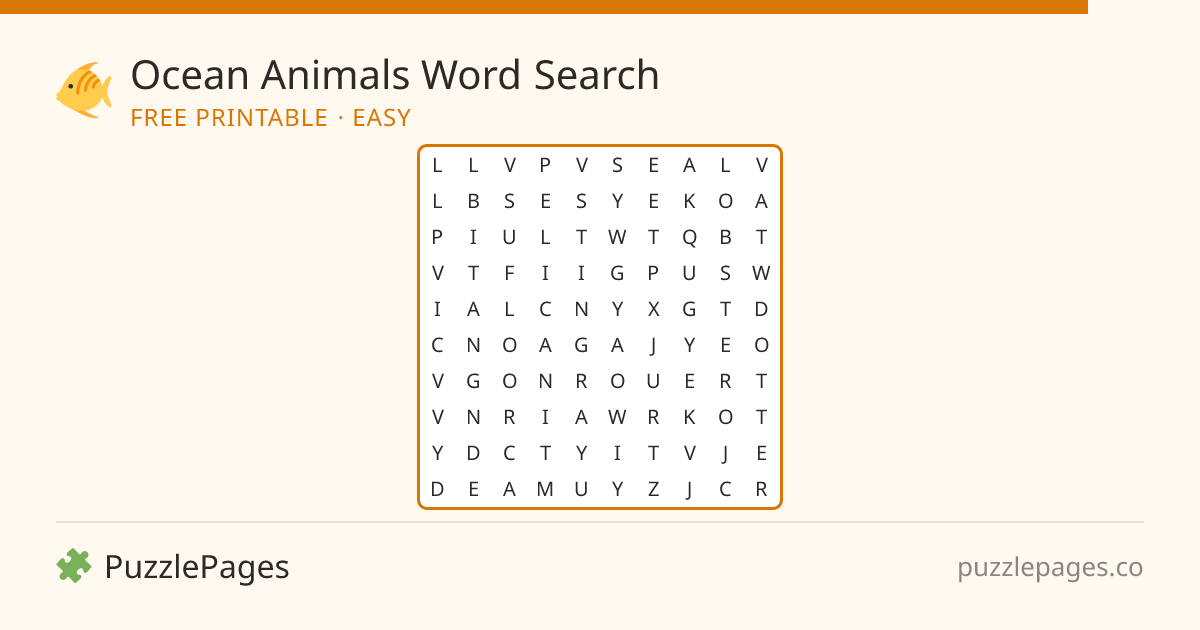 Ocean Animals Easy printable word search preview — free to print from PuzzlePages