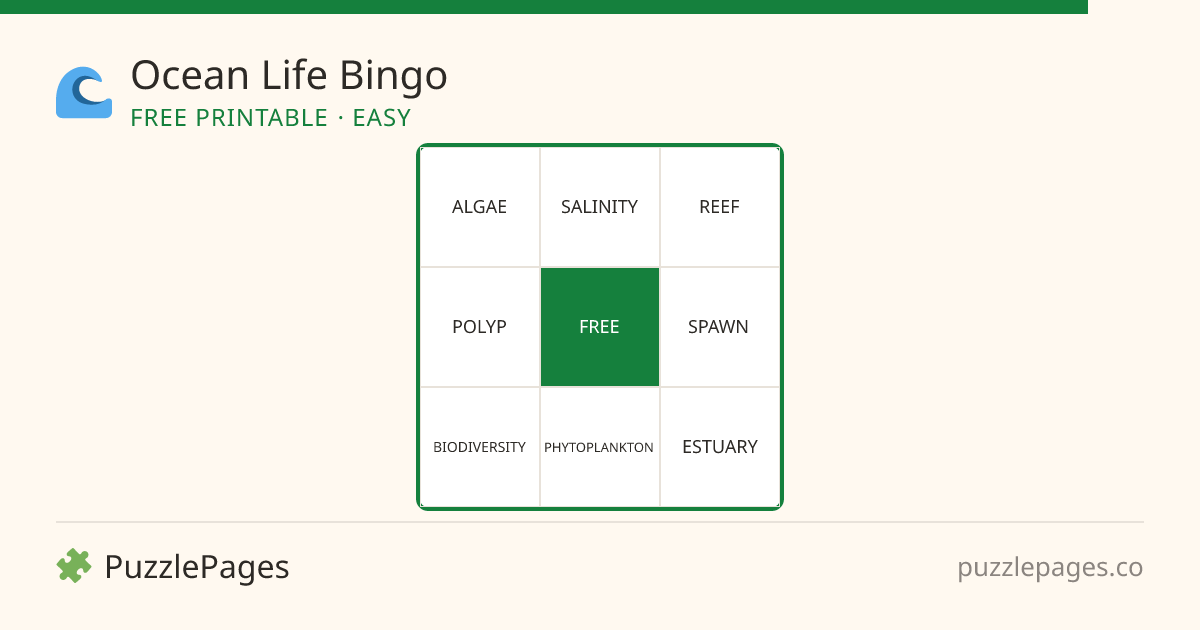 Ocean Life Easy printable bingo preview — free to print from PuzzlePages