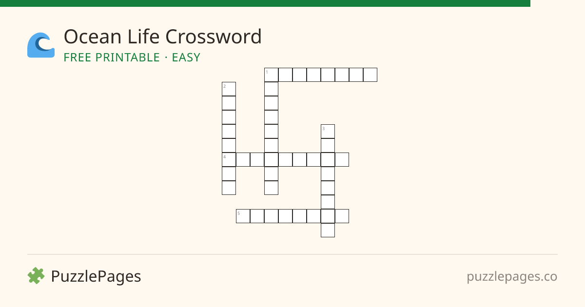 Ocean Life Easy printable crossword preview — free to print from PuzzlePages
