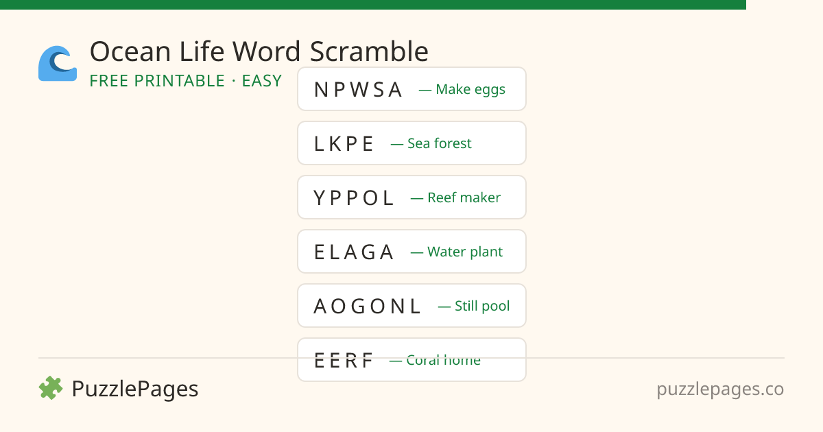 Ocean Life Easy printable word scramble preview — free to print from PuzzlePages