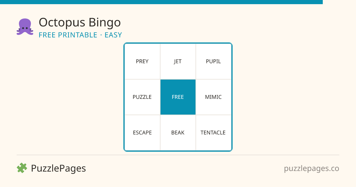 Octopus Easy printable bingo preview — free to print from PuzzlePages