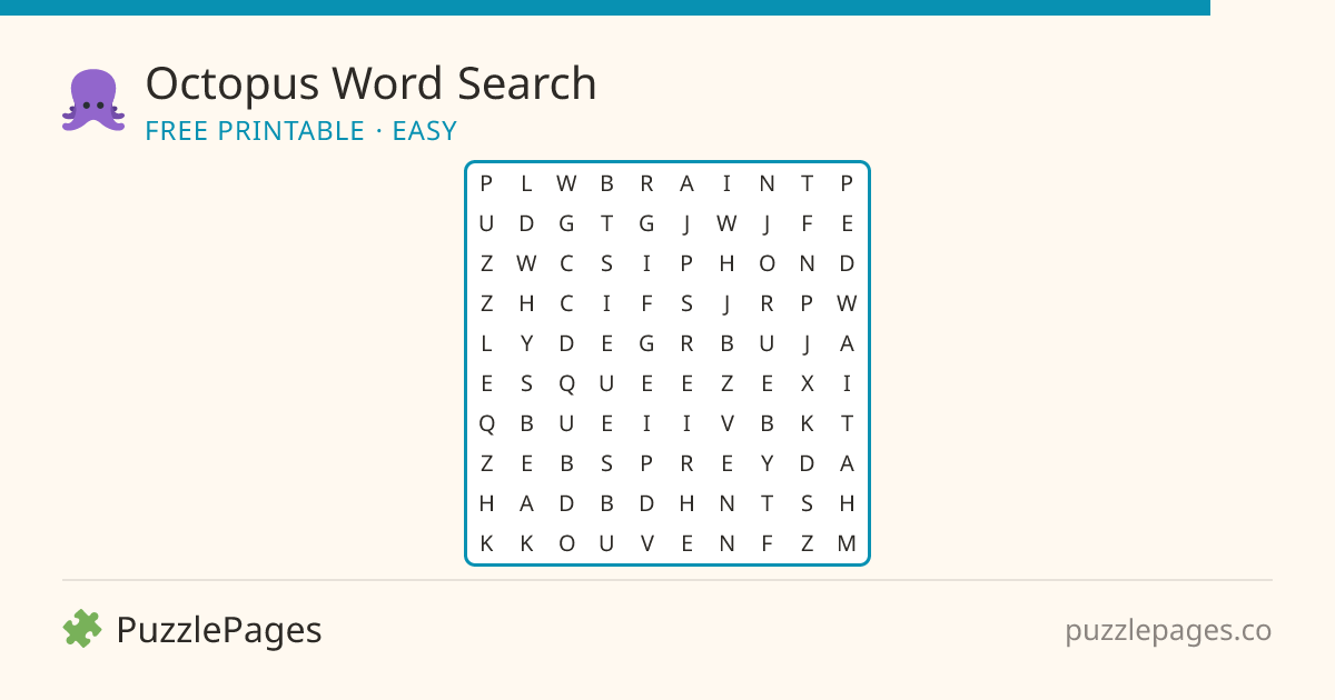 Octopus Easy printable word search preview — free to print from PuzzlePages