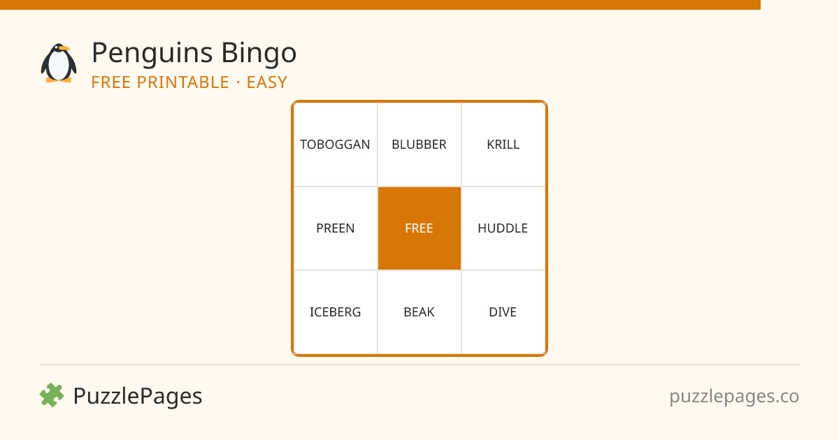 Penguins Easy printable bingo preview — free to print from PuzzlePages