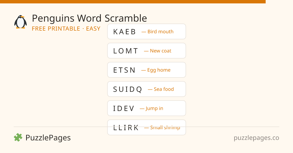 Penguins Easy printable word scramble preview — free to print from PuzzlePages
