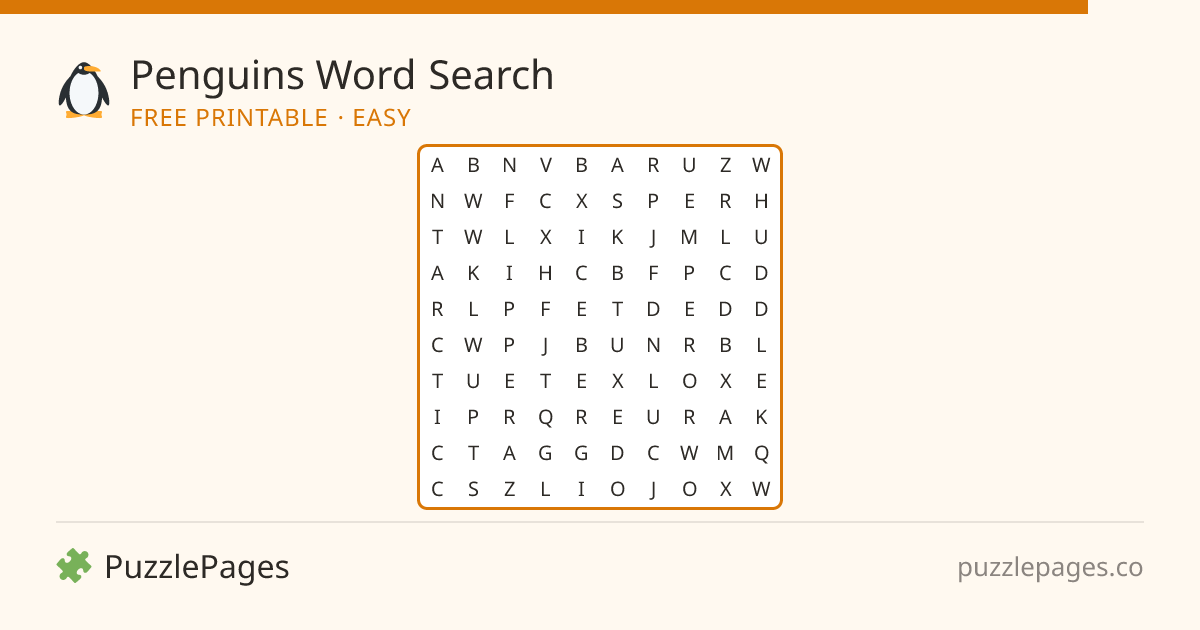 Penguins Easy printable word search preview — free to print from PuzzlePages