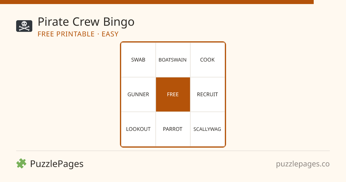 Pirate Crew Easy printable bingo preview — free to print from PuzzlePages