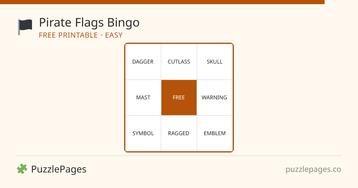Pirate Flags Easy printable bingo preview — free to print from PuzzlePages