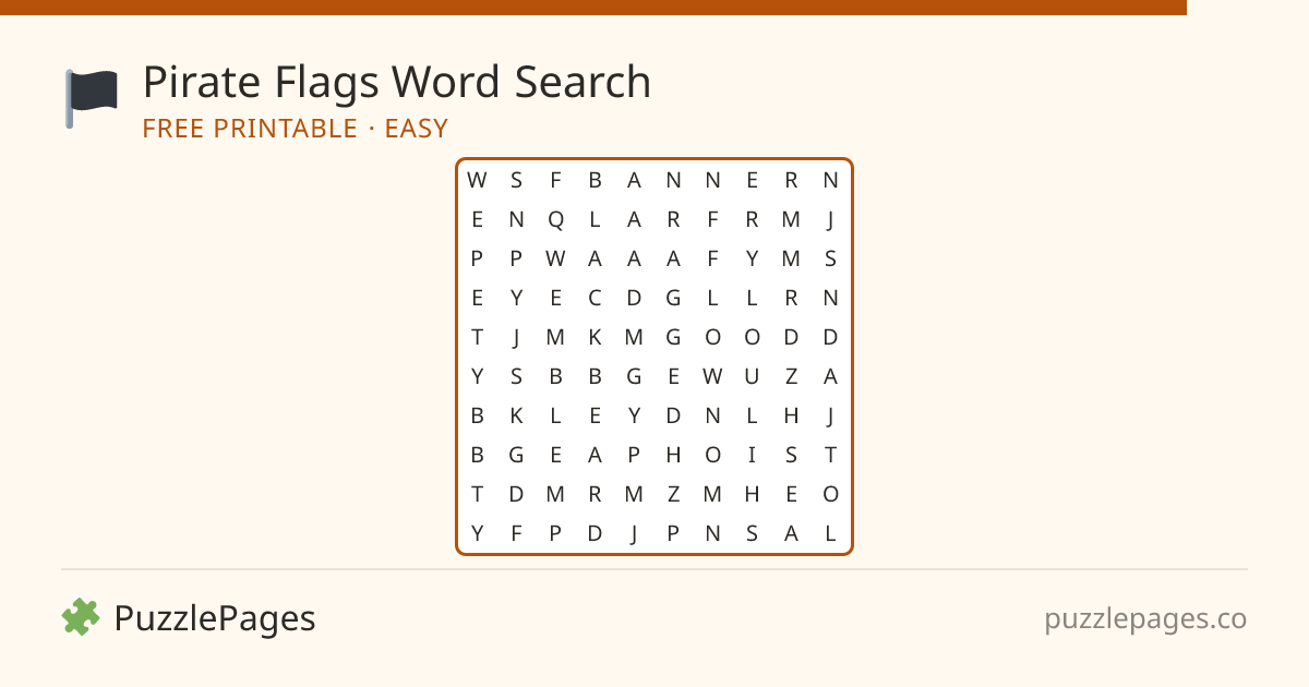 Pirate Flags Easy printable word search preview — free to print from PuzzlePages