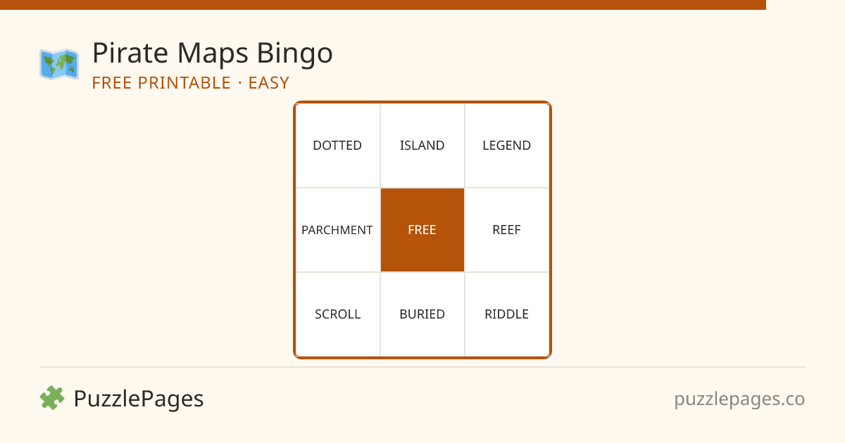 Pirate Maps Easy printable bingo preview — free to print from PuzzlePages