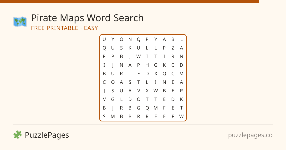 Pirate Maps Easy printable word search preview — free to print from PuzzlePages