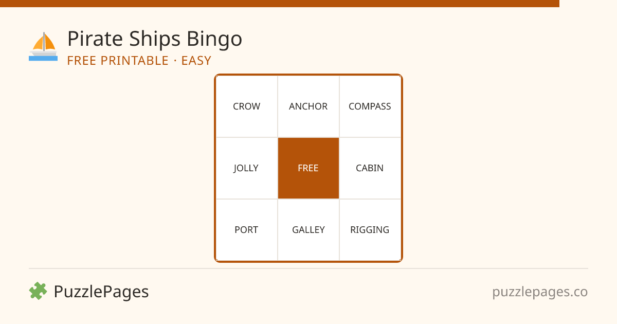 Pirate Ships Easy printable bingo preview — free to print from PuzzlePages