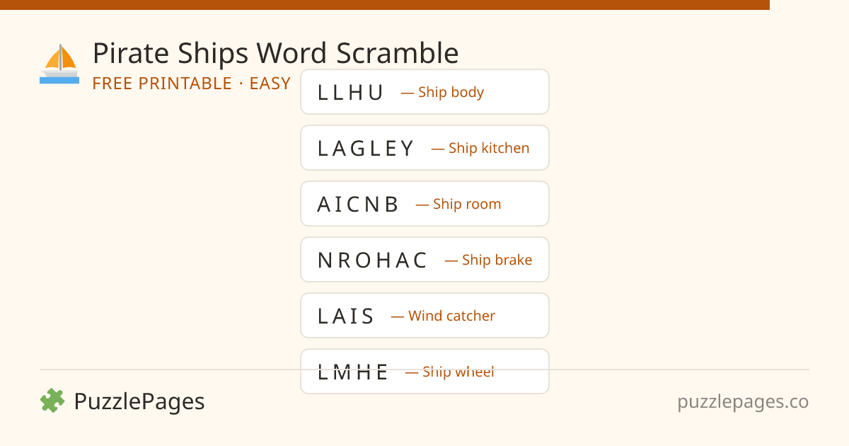 Pirate Ships Easy printable word scramble preview — free to print from PuzzlePages
